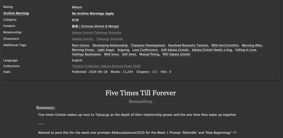 _milkyoongii's tweet photo. My third submission for #SakuraSamurai2026 event and Takagin/Gintaka Month!! 

🌸Prompt : 'Rekindle’ and 'New Beginnings'🌸

I wanted to have this out for week 1 but alas </3. This is slight Takagin but nothing too explicit! Make sure to read the tags🤍

https://t.co/RNJjREOTcS https://t.co/FnmHTCfnkX