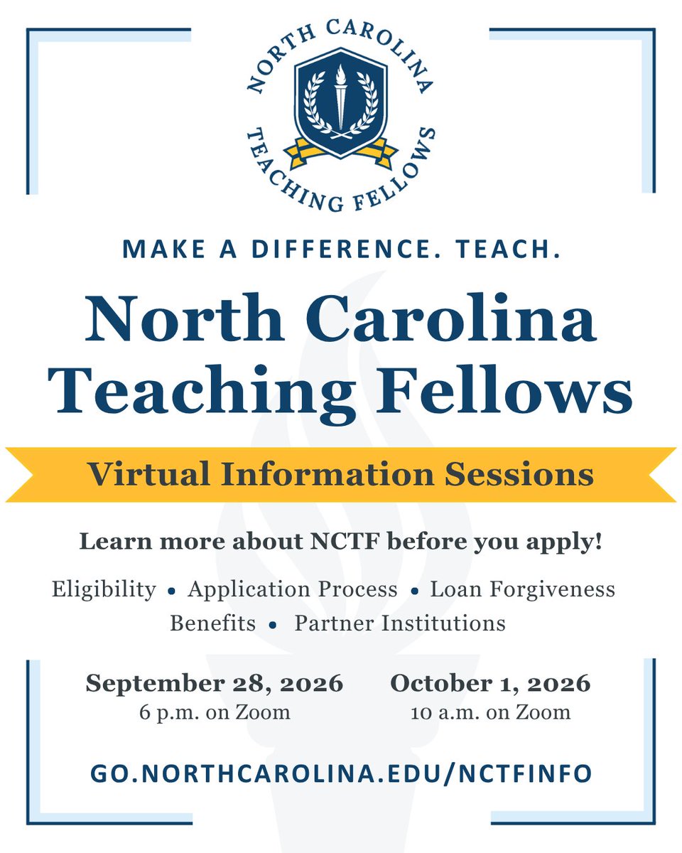 NCTF_Program's tweet photo. Thinking about NC Teaching Fellows? Join us on Zoom to learn about eligibility, partner institutions, the application process, and more before you apply!

📅 Monday, September 28 at 6 p.m.
📅 Thursday, October 1 at 10 a.m.

Register at https://t.co/U51GEjDOBy. https://t.co/hi7UGgOLd1