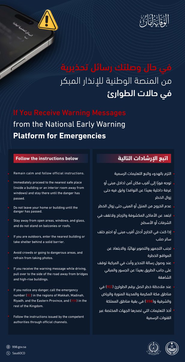 SaudiDCD's tweet photo. تم إطلاق إنذار من المنصة الوطنية للإنذار المبكر في حالات الطوارئ في محافظة الطائف للتحذير من خطر، اتبع الآتي: https://t.co/v0a3GgKHYd