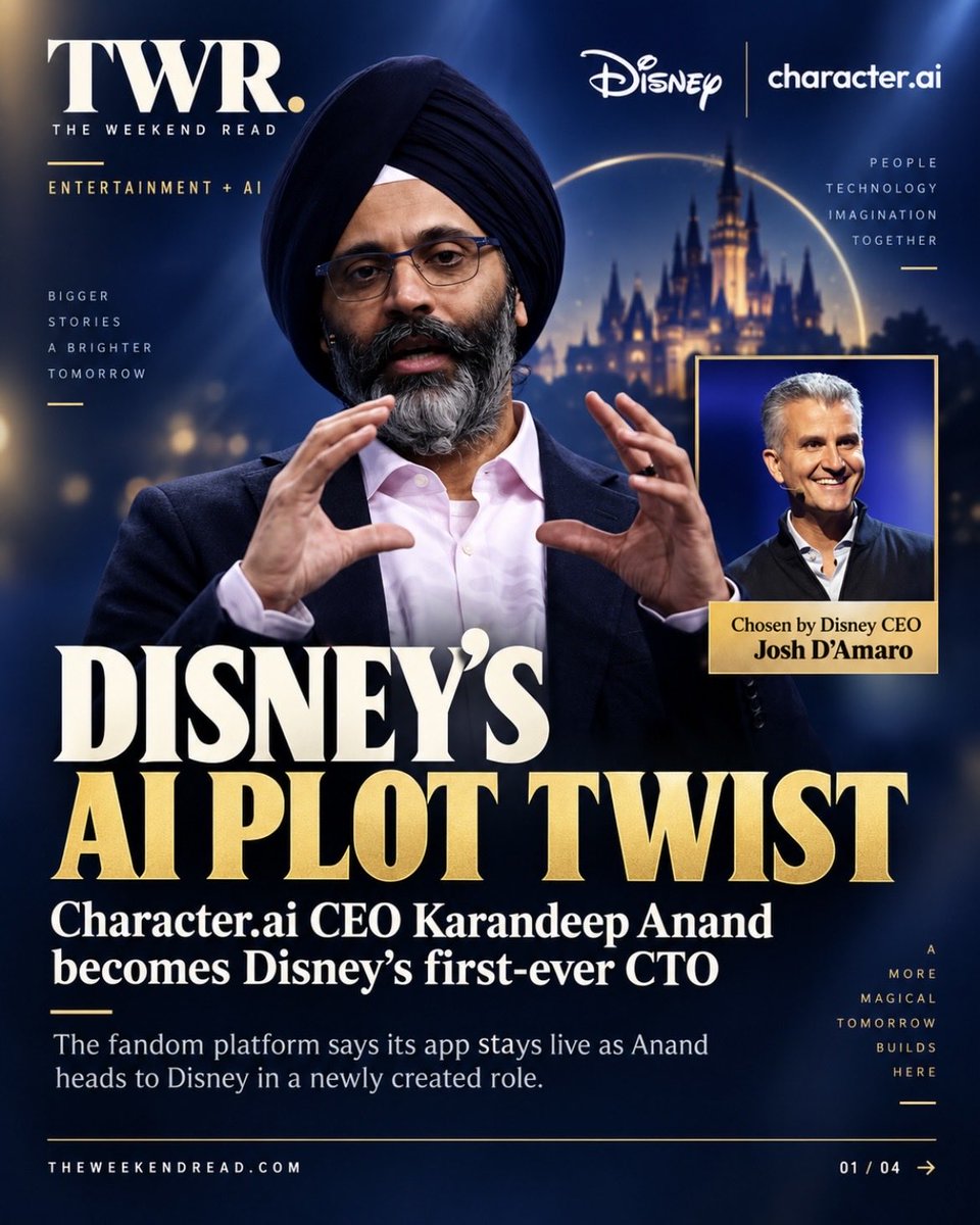 TheWeekendRead's tweet photo. The House that built The Mouse isn’t just making the biggest acqui-hire in media to date. It’s going AI-native, as fandom, storytelling & technology converge. @disney @character_ai
https://t.co/gUIt26vwHk
#Disney #CharacterAI #ArtificialIntelligence #AIinMedia #TheWeekendRead https://t.co/FnF9wnuPFr
