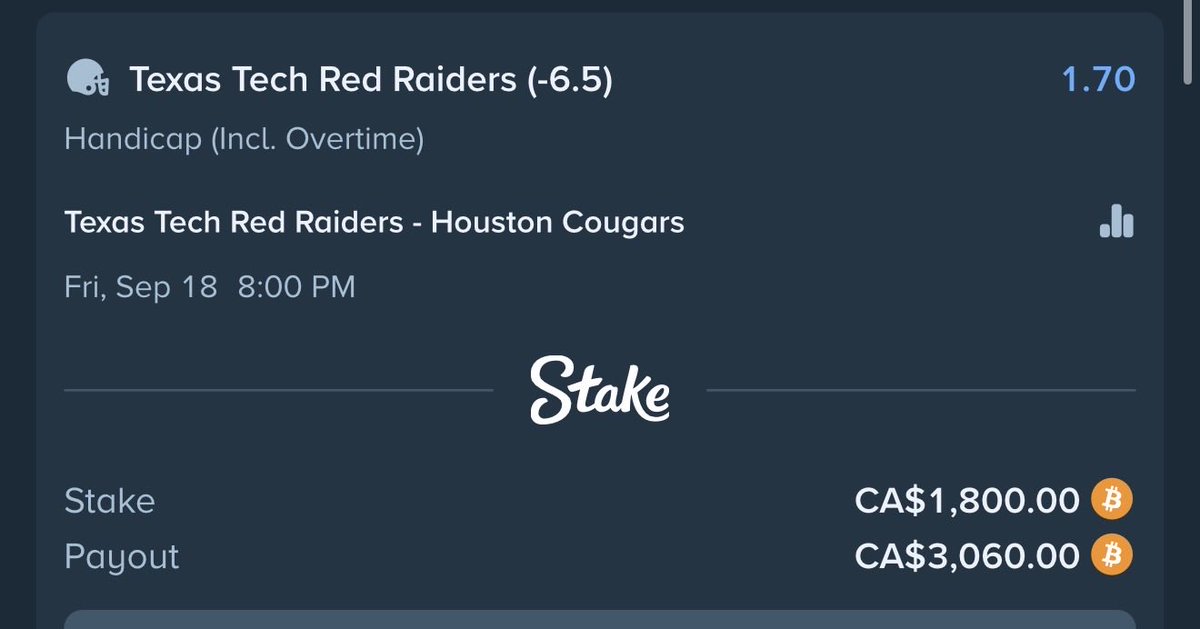 palabetz's tweet photo. $2000 on Texas Tech to win by atleast a touchdown…

Am I stupid for this bet? 

Tipping people if this hits. https://t.co/tH9rMxy5Tt