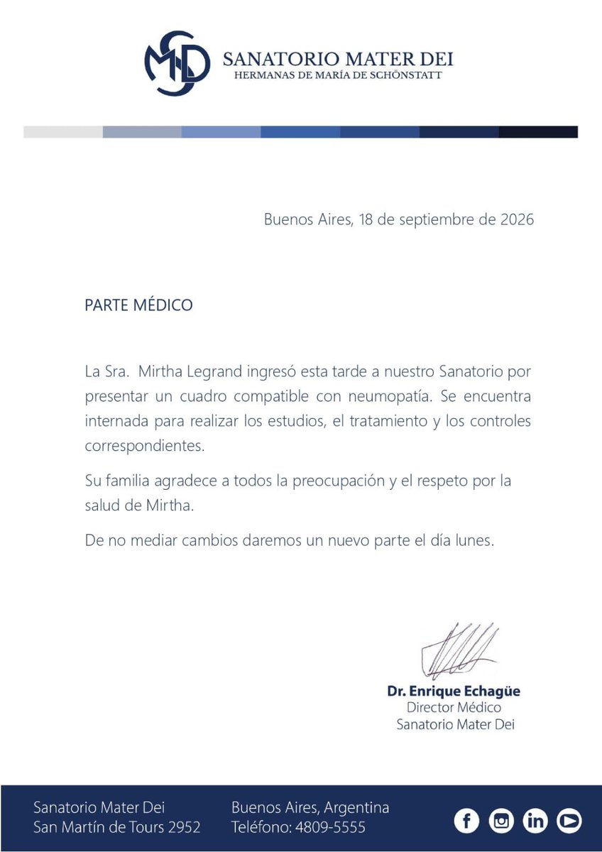 maxikronenberg's tweet photo. Mirtha Legrand nuevamente internada. Parte médico del Sanatorio Mater Dei.

El sanatorio informó que habrá un nuevo parte médico este lunes en caso de no haber novedades en su salud.

Tiene 99 años 

#FuerzaMirtha 🙏 
#FuerzaMirthaLegrand https://t.co/R4akAb7AJ4