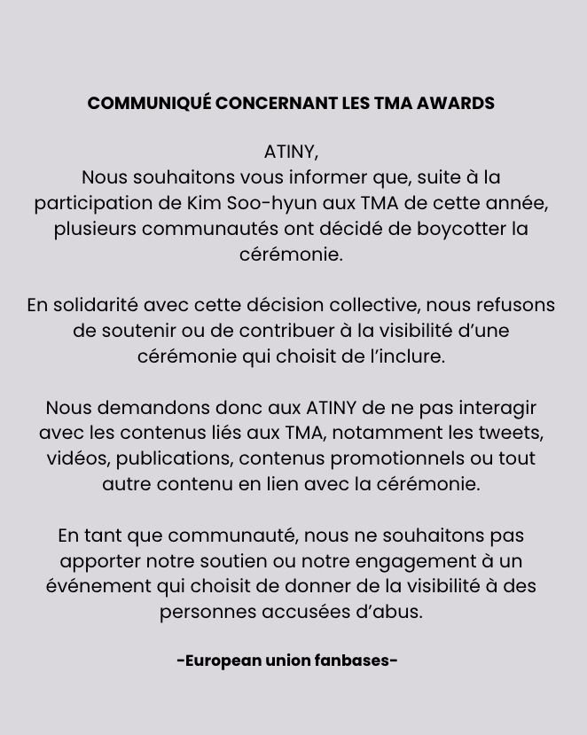 ATEEZFRA's tweet photo. Communiqué concernant la cérémonie des TMA 
#BoycottKimSooHyun https://t.co/QebLXNrYiC
