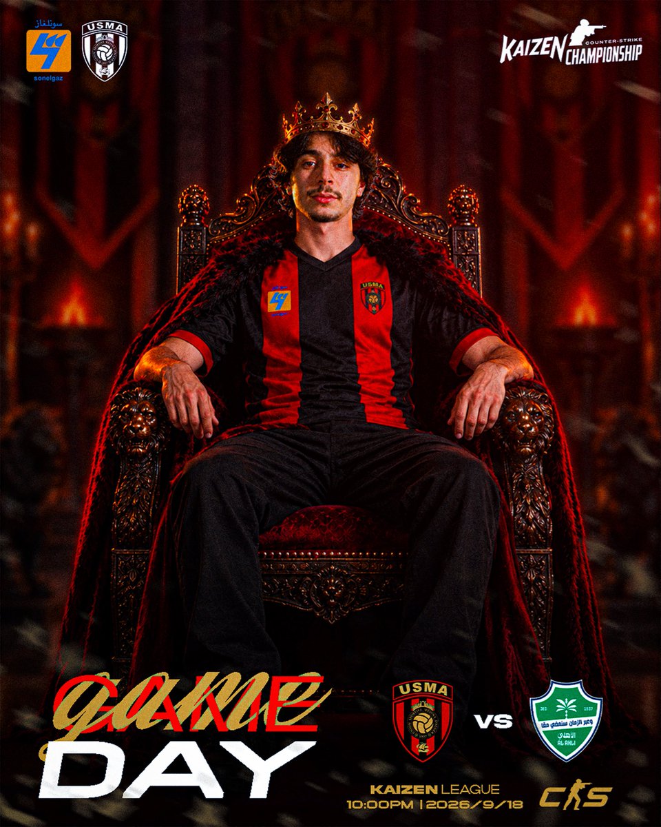 UsmaEsports's tweet photo. MATCHDAY [ USMA ESP vs Al Ahli ESP ]

- CS2 KAIZEN LEAGUE 🏆
- 18/9/2026 | 10:00pm ⏰
- COUNTER STRIKE 2

We are ready to compete , win, achieve. ❤️🖤

#UsmaEsports #kaizenleague #counterstrike2 https://t.co/fnkoUxS683