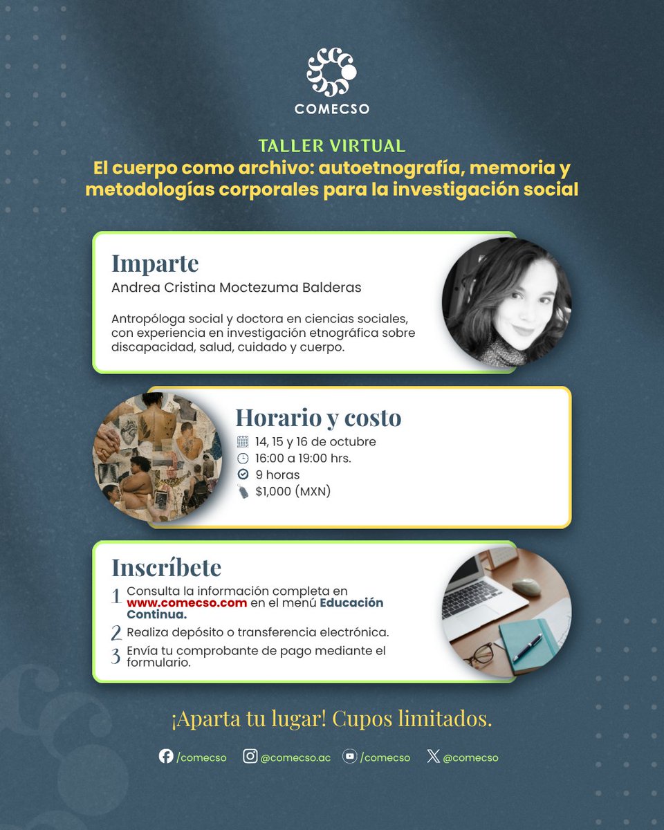 COMECSO's tweet photo. 📢 ¡Inscripciones abiertas!
Te invitamos a inscribirte a los #TalleresVirtuales de Educación Continua:

💻 + información: https://t.co/TIVvSOSG3a https://t.co/kp5RM2rxvL