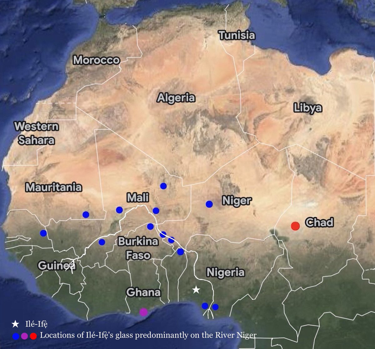 theOlaBola's tweet photo. THE IFẸ̀ EMPIRE: Cartographic Evidence, ca.1375

"𝗢𝗥𝗚𝟯𝗡𝟯", depicted on a 1375 Spanish 𝘁𝗿���𝗱𝗲 𝗺𝗮𝗽 in between 𝗚𝐈𝗻𝗬𝐈𝗔 (to its NW) & 𝗻𝗬𝗕𝐈𝗔 (to its NE).

REFERENCE:
Abraham Cresques' "Catalan Atlas", (circa 1375).
—————

The "𝗚𝐈𝗻𝗬𝐈𝗔" is identified (from A. Dulcert's 1339 map) as "Rey Melly". Thus, 𝗚𝐈𝗻𝗬𝐈𝗔 := Mali Empire.
.
.
This "𝗻𝗬𝗕𝐈𝗔" is depicted with its king clad in light-green attire, seated right next to a circle of water.

The Europeans' belief at the time of this map was that the River Niger [which actually run past Mali] continues to flow into the Lake Chad; & that from Lake Chad flows the well-known White Nile river.

This belief is obvious in this 1375 "Catalan Atlas":  The River Niger flows into the Lake Chad, and the White Nile flows from the Lake Chad, all the way into the confluence of the Blue and the Red Niles. The Red sea can be seen to the east of the three.

As such, this "𝗻𝗬𝗕𝐈𝗔" captures the Kanem-Bornu Empire which is centered around the Lake Chad.
.
.
The "𝗢𝗥𝗚𝟯𝗡𝟯" is depicted as seated on the Niger river. This, for a 𝘁𝗿𝗮𝗱𝗲 𝗺𝗮𝗽, shows domination of the then "international water", or the "glass road"

In light of all available evidence put together, only the Ifẹ̀ sovereigns meet these criteria all at once:

• Situated between Mali (to NW) & Borno (to NE).

• Dominated the River-Niger maritime, mercantile axis with its dichroic & translucent glass product.

• Made use of the historic name "𝗢̣𝗴𝗵𝗼̣𝗲̣𝗻𝗲̣" which is still extant for him (in certain Yoruba areas) as: "𝗢̣𝗴𝗵𝗼̣𝗻𝗲̣" (in Usẹn & Ugbò) & as 𝗢̣𝗴𝗵𝗲̣𝗻𝗲̣ (in Bini).
.
.
.
𝗙𝗥𝗔𝗠𝗘𝗦 𝟭 & 𝟮: Two Pages of The "Catalan Atlas"

𝗙𝗥𝗔𝗠𝗘 𝟯: Distribution of Ifẹ̀'s glass, with the River Niger emerging as the dominant mercantile-axis.

𝗙𝗥𝗔𝗠𝗘 𝟰: Portion of Mali on the 1339 Dulcert Map