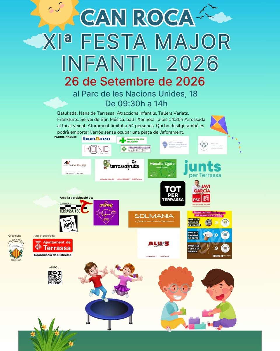 avcanroca's tweet photo. 🎉 XIª Festa Major Infantil de Can Roca!
📅 26 de setembre
📍 Parc de les Nacions Unides, 18
🕤 9.30–14 h
🥁 Batukada🎶 Nans 🎠 Atraccions 🎨 Tallers🌭 Frankfurts · 🎵 Música i ball
🍚 14:30h arrossada al local veïnal.
⚠️ Cal Reserva Prèvia i us podeu endur l'arròs a casa també https://t.co/mqlhhkH1TK