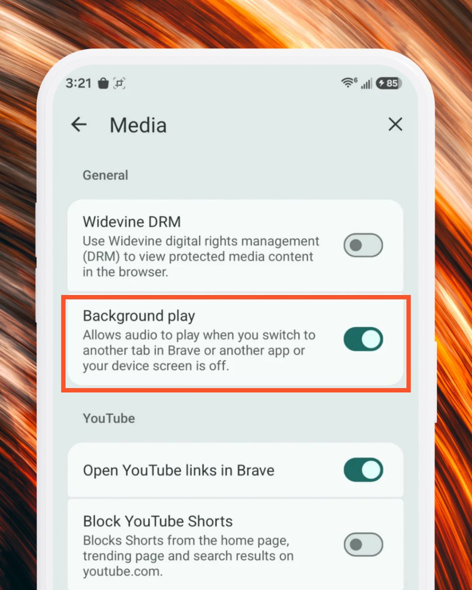 brave's tweet photo. Brave is the best way to watch YouTube but it's ALSO the best way to listen to YouTube.

The browser supports background play on Android and iOS so you can keep listening to videos when you're viewing other apps or when your screen is locked. 🎵 https://t.co/l3VD5NT0i1