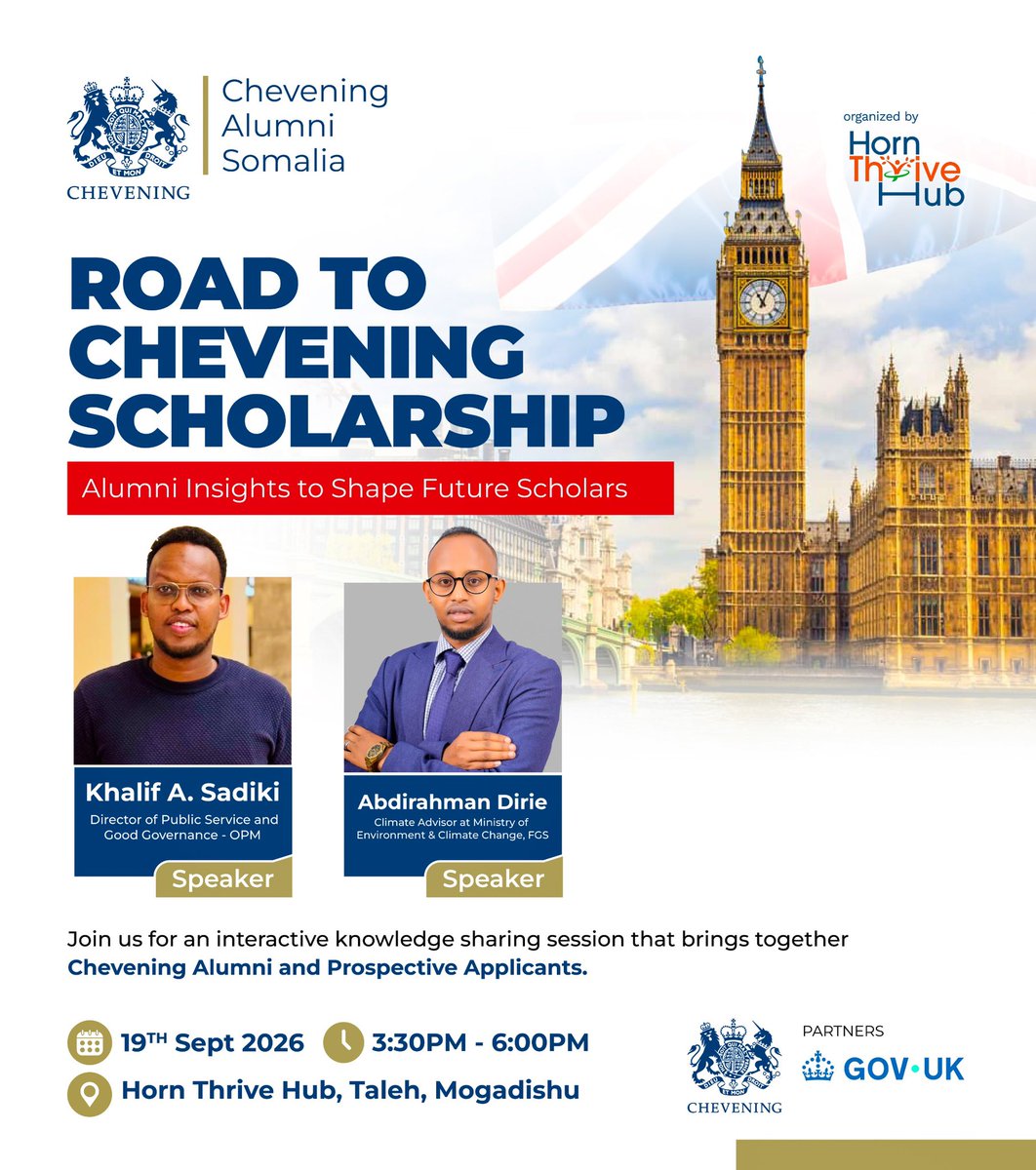 HornThriveHub's tweet photo. 🎓 Meet some of our Chevening Alumni speakers!

Sadiki Khalif & Abdulrahman Dirie will share their Chevening journeys, lessons and practical advice with prospective applicants.

📅 19 Sept | ⏰ 3:30–6PM
📍 Horn Thrive Hub, Taleh, Mogadishu

More speakers to come. 🇬🇧

#RoadToChevening #CheveningSomalia #CheveningAlumni 

@UKinSomalia @CheveningFCDO