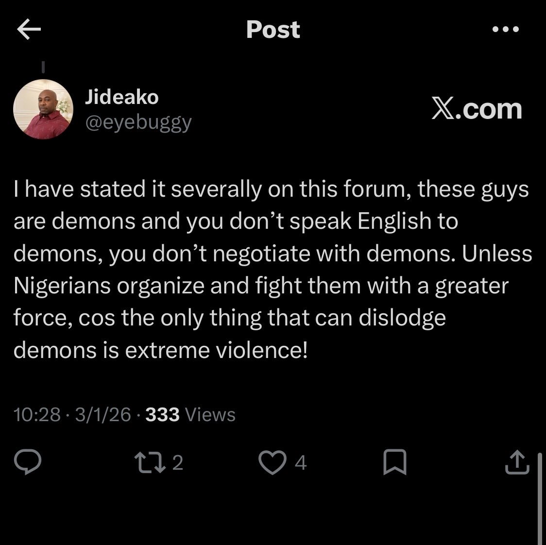 eyebuggy's tweet photo. @justinijeh I have said this severally! These APC people only understand violence, the only way to counter them is to meet them with even more violence, trying to be civil with demons is an exercise in futility. #astitchintime https://t.co/KZliLYFLjM