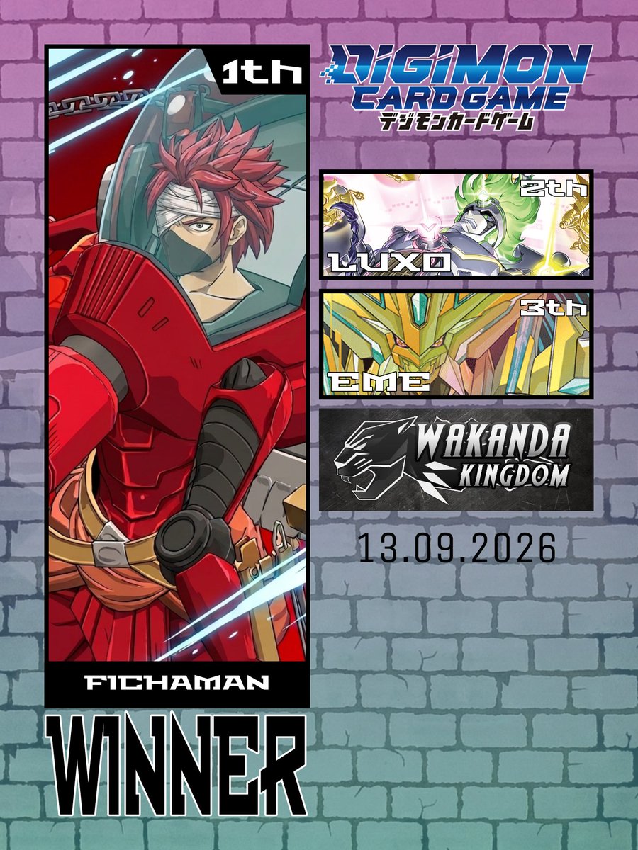 liwyatanTCG's tweet photo. Evento : Store Tournament
Ciudad : Antofagasta, Chile
Fecha : 13.09.2026 
Tamers : 7
Ganador: Fichaman
Deck: TS Volcanusmon
Host: Wakanda Kingdom

@digimonmeta
@digicaguide
#デジモン #デジカ #デジモンカードゲーム #デジモンカード #Digimon #DigimonTCG https://t.co/QX4A9a5Kl7