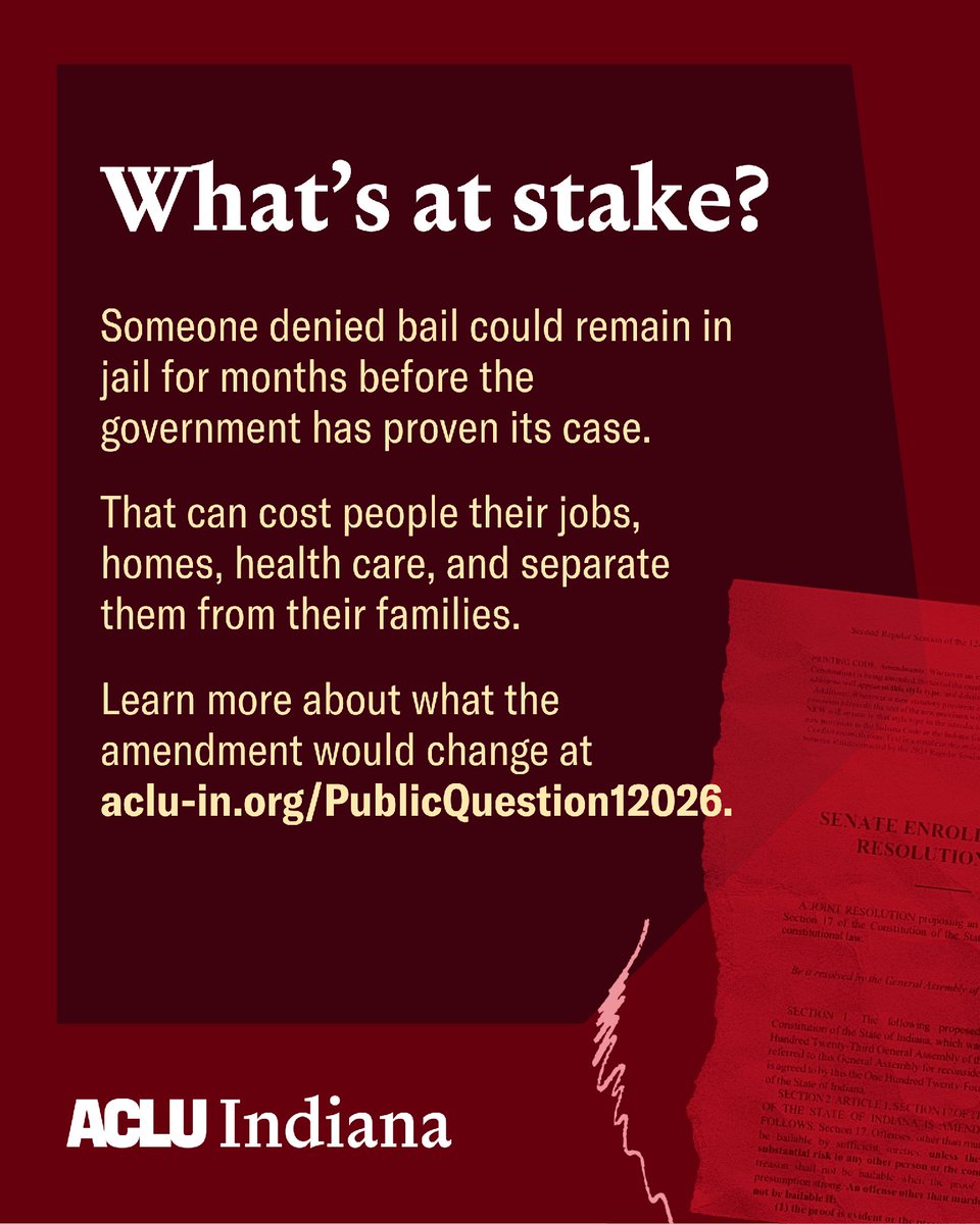 What’s at stake? Someone denied bail could remain in jail for months before the government has proven its case.
That can cost people their jobs, homes, health care, and separate them from their families.
Learn more about what the amendment would change at
aclu-in.org/PublicQuestion12026
