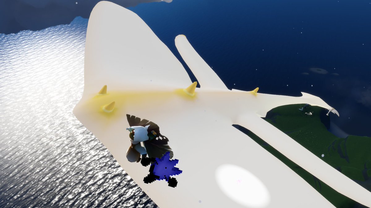 CandlelitMoth's tweet photo. [The child blinks, looks around for any signs of darkness then shrugs.]
[They make a dive towards a flying manta nearby, greeting it with the same honk from before. As the manta flies, both kids float on it's back while it carries them through the scenic route across the skies.] https://t.co/cw6UkJvnUB