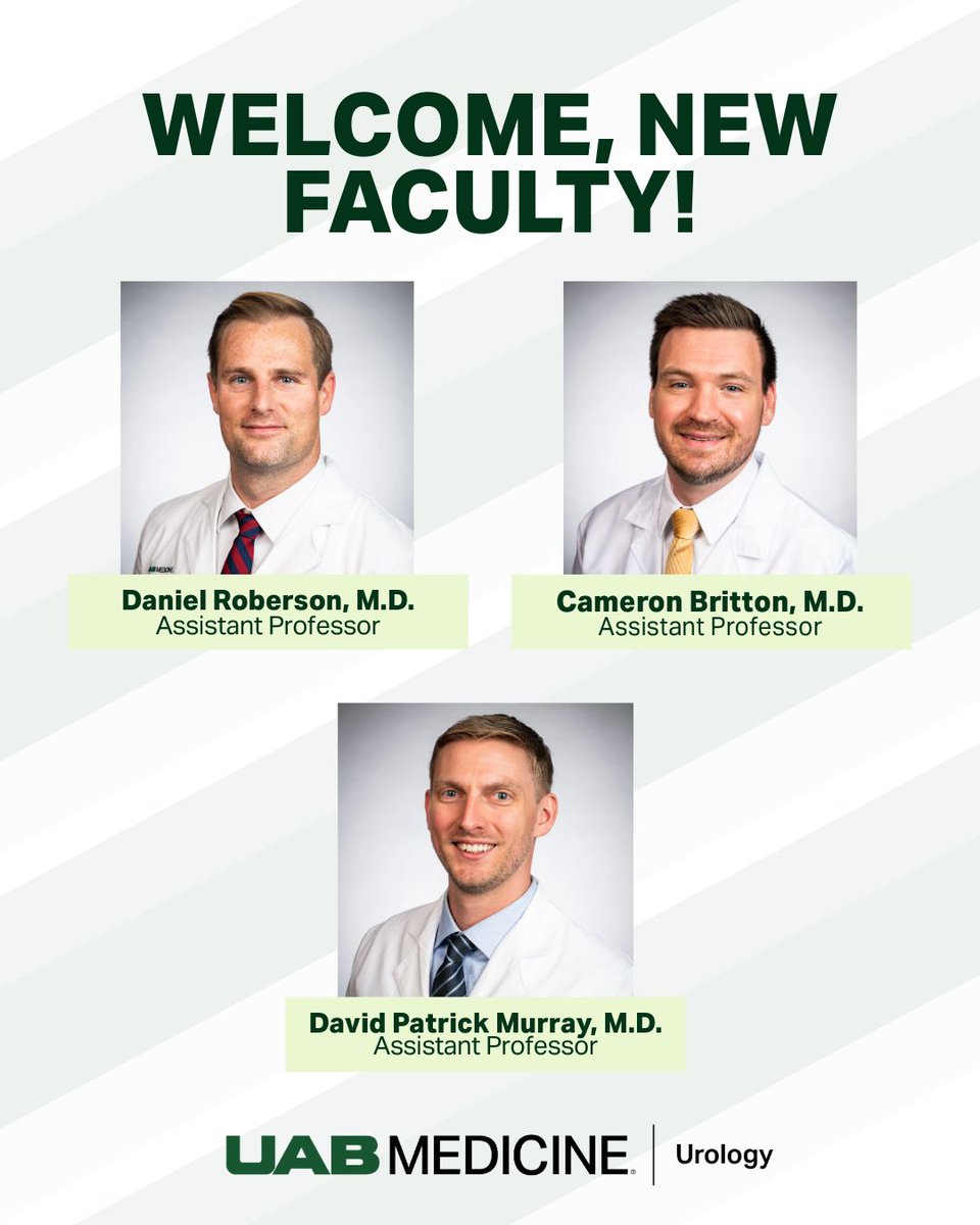 UABUrology's tweet photo. We’re excited to welcome three new faculty members to the @UABHeersink Dept. of Urology! 

Please join us in welcoming Daniel Roberson, M.D., Cameron Britton, M.D., and David Patrick Murray, M.D., who joined our department on Sept. 1 as assistant professors. https://t.co/udl97pMcNE