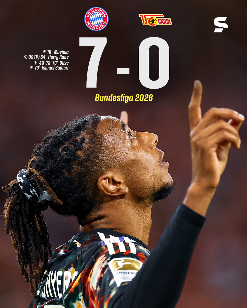 sportv's tweet photo. QUE SHOW DO BAYERN!!!! 🇩🇪😱
Com uma partida ESPETACULAR de Olise, o Bayern de Munique venceu o Union Berlin por 7 a 0!!!!!!
*Contém texto alternativo
#BundesligaNoSportv #BayernDeMunique #UnionBerlin #MichaelOlise https://t.co/2gv07TFn4N