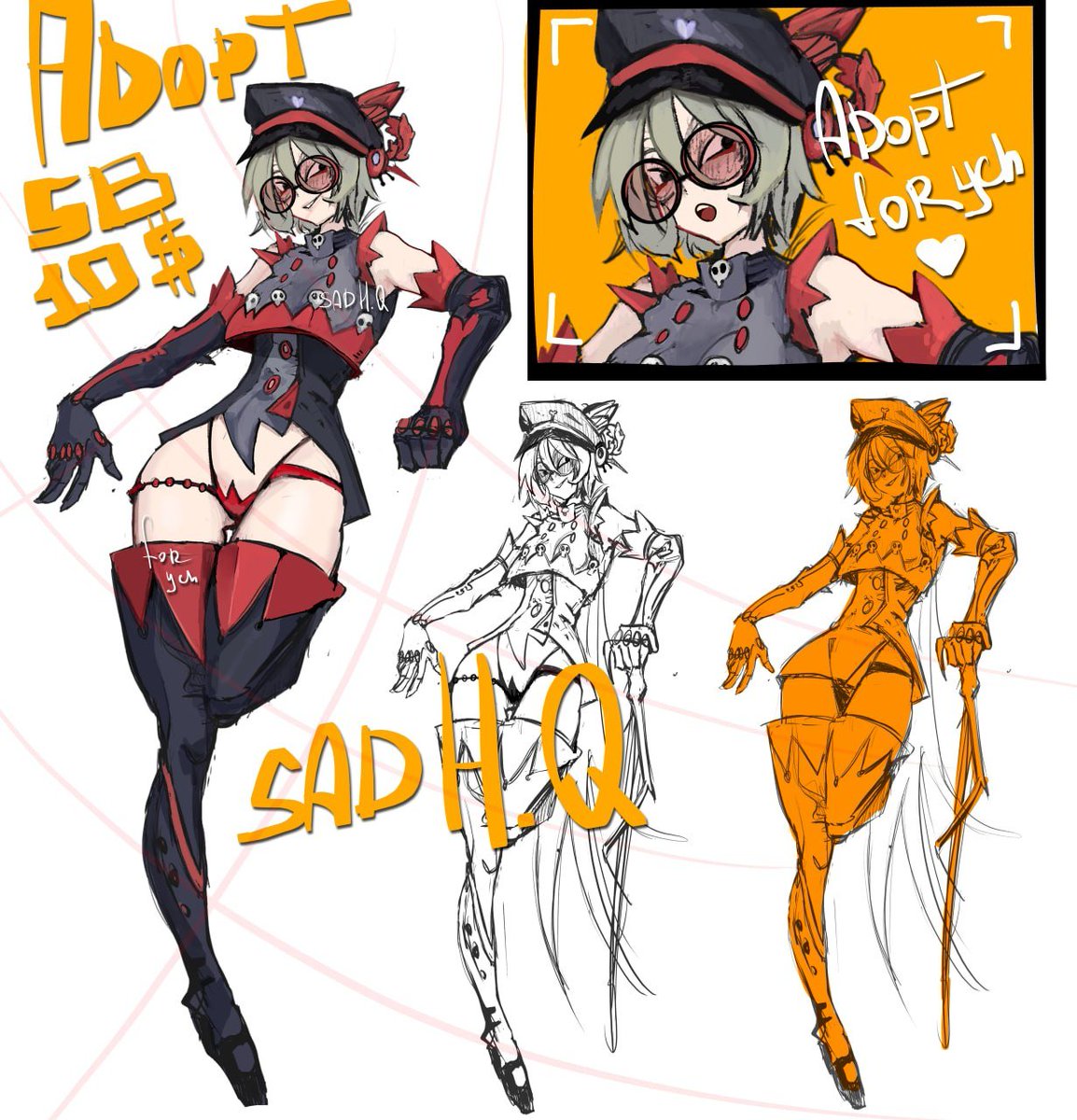 SadHarlequo's tweet photo. **Title:** Not HQ   SB-10$ YCH BIT👇👇👇
**Subtitle:** Short cut, spikes, glasses — the uniform fits. The discipline doesn’t.
#adoptable #OCadopt #adoptables #characteradopt #originalcharacter #militarygirl #punk #streetstyle #glassesgirl #animeoc #YCH https://t.co/qB9CNKqVZF