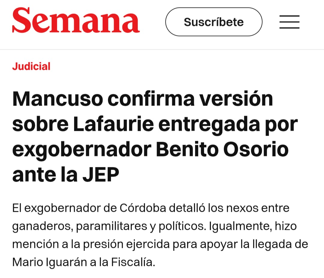TefaOstios's tweet photo. 🚨¡Claro! Uno va entendiendo por qué personas como José Félix Lafaurie quieren que se acabe la JEP.

Benito Osorio Villadiego, exgobernador de Córdoba y compareciente ante la JEP, señaló que en 2005 Lafaurie le habría pedido al entonces jefe paramilitar Salvatore Mancuso que apoyara la aspiración de Mario Iguarán a la Fiscalía General.

Según el testimonio de Osorio, Lafaurie también le habría enviado a los paramilitares un correo con los datos de contacto de varios magistrados de la Corte Suprema para presionarlos durante esa elección.

Osorio agregó que esa gestión habría sido recompensada posteriormente con el nombramiento de María Fernanda Cabal, esposa de Lafaurie, en un alto cargo de la Fiscalía.

Entonces, ¿por qué tanta insistencia en acabar con una justicia que precisamente permite esclarecer hechos tan graves del conflicto colombiano? La verdad les incómoda y los asusta porque ellos también estuvieron involucrados en el conflicto de nuestro país.