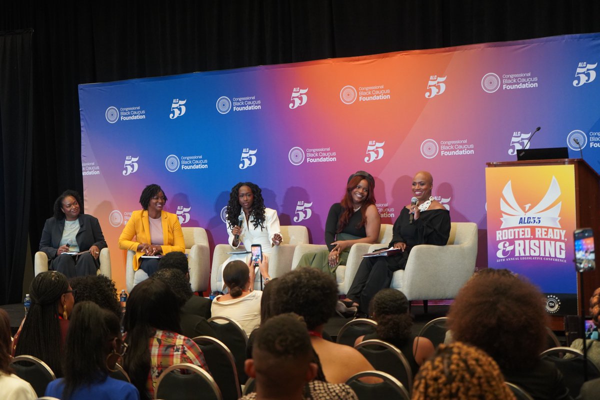 Dr. Ofronama Biu, State Rep. Angie Nixon, Lynae Vanee, Rep. Ayanna Pressley, and Brittany Packnett Cunningham speak on a panel discussion at the CBCF's Annual Legislative Conference 