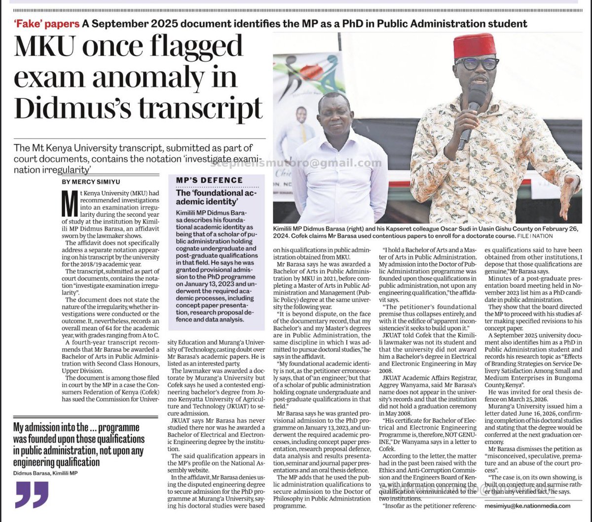 smutoro's tweet photo. MKU once flagged exam anomaly in MP Didmus Barasa transcript. Between his BA and MA he only had a year to complete? https://t.co/TGFVw88SwF