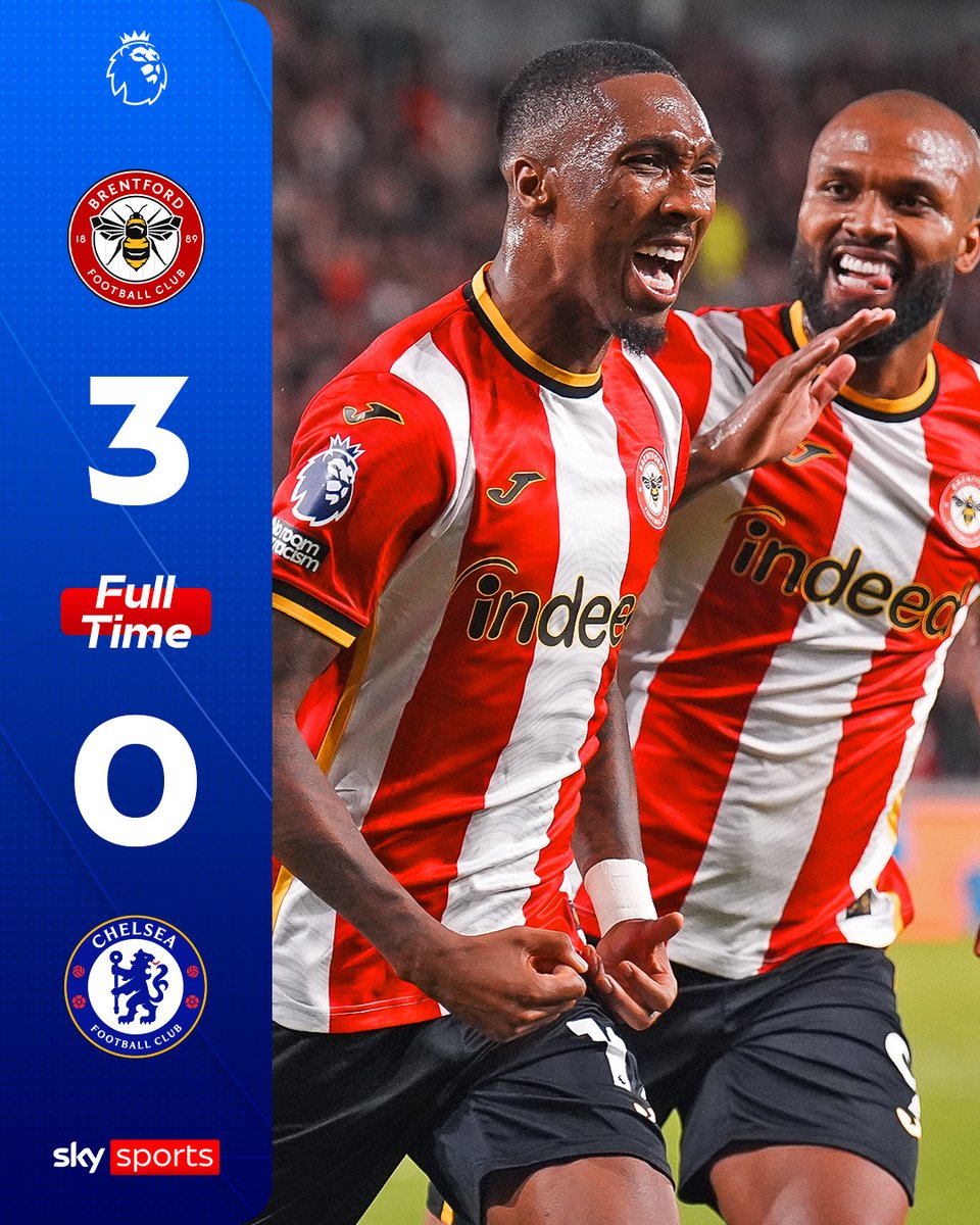 SkySportsPL's tweet photo. FULL-TIME: Three goals and three points for Brentford as they THUMP Chelsea in the West London derby! 🐝 https://t.co/FrfOWlYJ1l