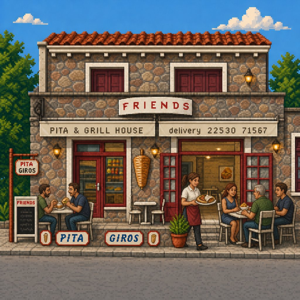 sickbitsio's tweet photo. Friends, Pita &amp; Grill House 🥙
gyros turning on the spit, tables full of regulars, the kind of place where everybody's a friend

#pixelart #pixelartist #dailypixelart #retroart #8bitart #pixelartwork #aseprite #pixelartdaily #greece #greekfood #gyros #shopfront #travelart https://t.co/QT9fI1dHz3