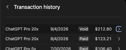 Transaction history showing a ChatGPT Pro 20x charge from September 4 marked as void in the Codex billing flow