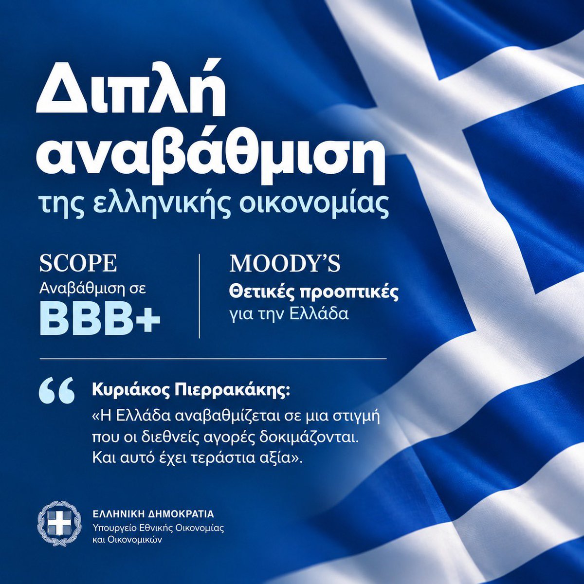 Pierrakakis's tweet photo. Δύο αναβαθμίσεις την ίδια ημέρα αποτυπώνουν την πρόοδο της ελληνικής οικονομίας, τη δημοσιονομική συνέπεια και τη σταθερή ενίσχυση της θέσης της χώρας. https://t.co/QMFpSbhkHw