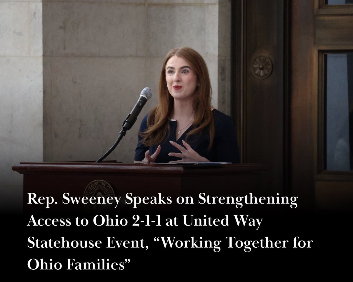 RepBrideSweeney's tweet photo. Expanding Ohio 211 to every county means more Ohioans will have a direct, simple way to connect to help before challenges escalate into crises. I was grateful to join @UnitedWayCLE’s conversation at the Statehouse celebrating this important step forward. https://t.co/ufl7i6ZT0w