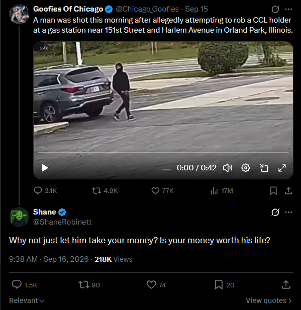 Scratch_Point_Z's tweet photo. Why should anyone let someone forcefully take their belongings? Money doesn't grow on trees, otherwise this guy wouldn't be trying to hold innocent people up for it. No one has a right to your property, anyone who thinks they do forfeits any care for their well-being in trying to take it. If their lives are so valuable to them, then they shouldn't be trying to commit violent crimes against others.
