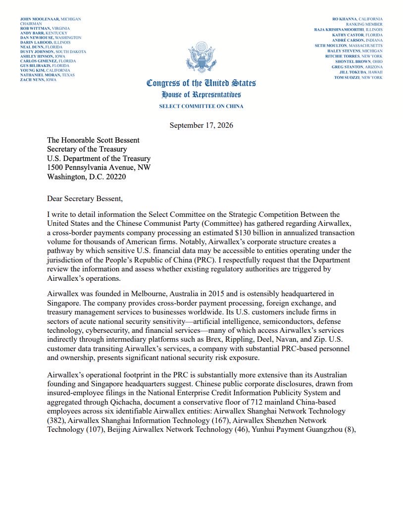 JTLonsdale's tweet photo. Important work by the House China Committee: Airwallex has founders with ties to China, 712 employees there, and Chinese laws that require the company to help CCP intel gathering on demand. 

If you use Rippling, Deel, Brex, Navan, or Zip, it’s worth asking them if your US or intl payments run through Airwallex. 

If so, there’s NO protection if the CCP decides they want to take a look.