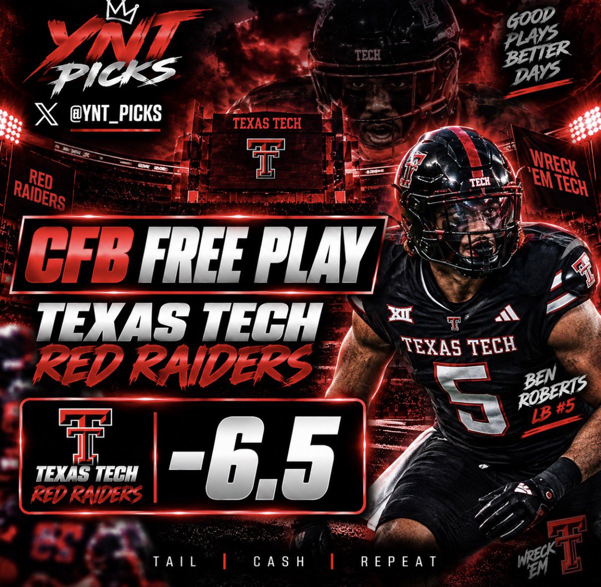 YNT_PICKS's tweet photo. 🏈 CFB FREE PLAY ⭐️

Texas Tech Red Raiders -6.5 (-135) 🔒

❤️ Like if you’re riding with me.

#WreckEmTech https://t.co/Q8ekihF83b