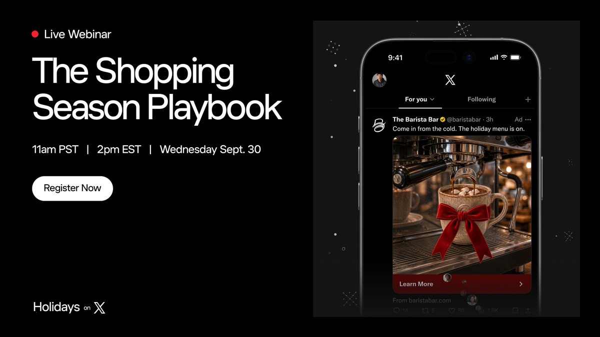 XBusiness's tweet photo. Gift lists are growing, and we’re here to show you how to get holiday-ready on X 🎁

Sign up for our Shopping Season webinar and discover how to optimize your campaigns and reach more customers when it matters most.