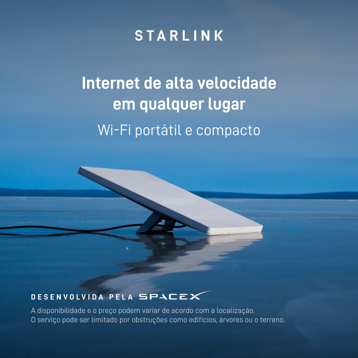 Starlink's tweet photo. A Starlink oferece internet rápida e confiável nas áreas rurais mais isoladas e nos locais mais remotos. Portátil e fácil de instalar, a Starlink funciona onde quer que você esteja.

Faça o pedido on-line em poucos minutos.