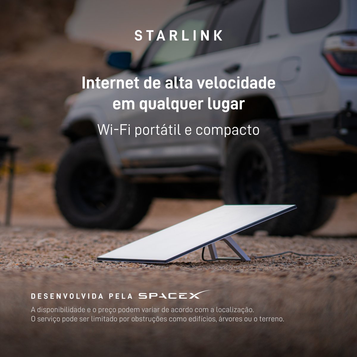 Starlink's tweet photo. A Starlink oferece internet rápida e confiável nas áreas rurais mais isoladas e nos locais mais remotos. Portátil e fácil de instalar, a Starlink funciona onde quer que você esteja.

Faça o pedido on-line em poucos minutos.