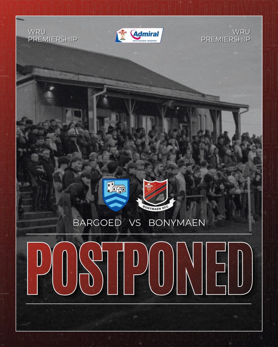 Bonymaenrugby's tweet photo. Fixture update. 🔴⚫️

Unfortunately, Saturday’s Premiership match away to Bargoed has been postponed due to First XV player availability, with a stag do and weddings taking place.

(1/2) https://t.co/bdUEjdSvqS