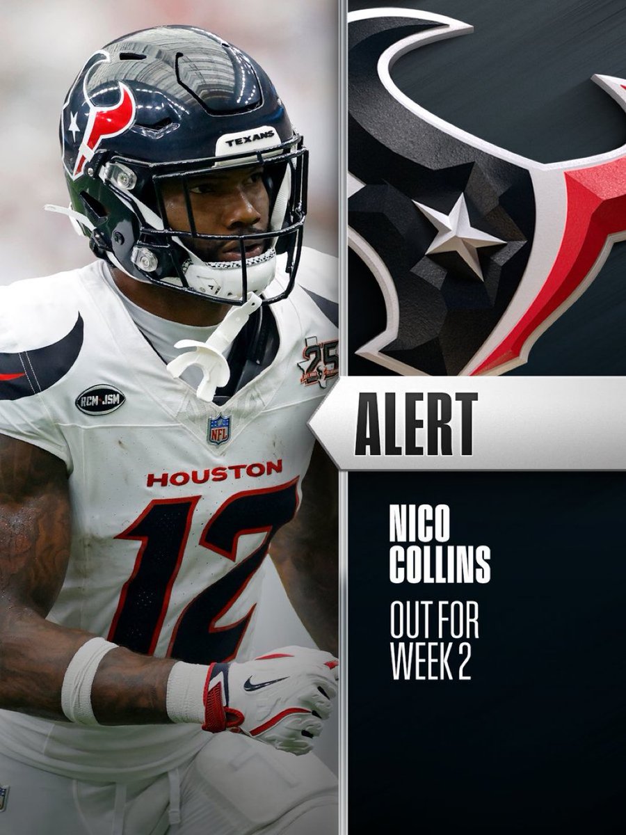ReneeFreakNFL's tweet photo. 🚨 Actualización de jugadores para lo que resta de la semana 2

🔴 Nico Collins (Texans): OUT — hamstring.
🔴 Sam Darnold (Seahawks): OUT — glúteo. Drew Lock será titular.
🔴 Omar Cooper Jr. (Jets): OUT — tobillo.
🔴 Zay Flowers (Ravens): DOUBTFUL — volvió a entrenar limitado, pero sigue complicado por hamstring.
🔴 Brock Bowers (Raiders): DOUBTFUL — regresó a práctica, pero la rodilla sigue siendo preocupación.

🟡 Ladd McConkey (Chargers): QUESTIONABLE — volvió a entrenar tras dos días fuera por costillas.
🟡 Chris Olave (Saints): QUESTIONABLE — hamstring.
🟡 George Kittle (49ers): pendiente de designación final — Aquiles.

🟢 Alvin Kamara (Saints): SIN DESIGNACIÓN — listo para jugar.
🟢 Ashton Jeanty (Raiders): FULL PRACTICE — tobillo.
🟢 Christian McCaffrey (49ers): FULL PRACTICE — sin preocupación nueva.
