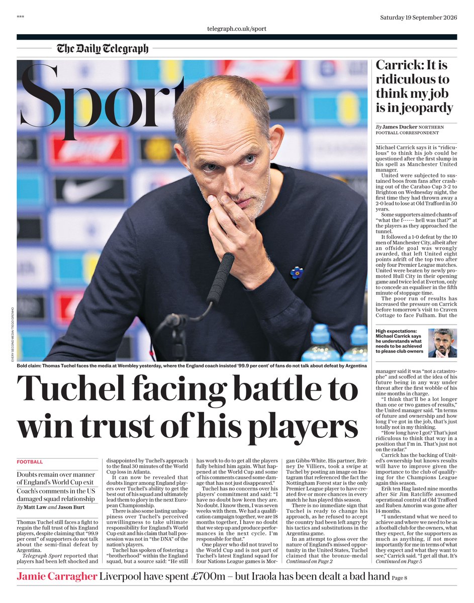AndyGibsonTV's tweet photo. "TUCHEL FACING BATTLE TO WIN TRUST OF HIS PLAYERS"
@Matt_Law_DT / @JBurtTelegraph for @TelegraphSport
Thomas Tuchel still faces a fight to regain the full trust of his England players after FIFA World Cup Semi Final defeat by Argentina.
#DailyTelegraph
#TomorrowsPapersToday