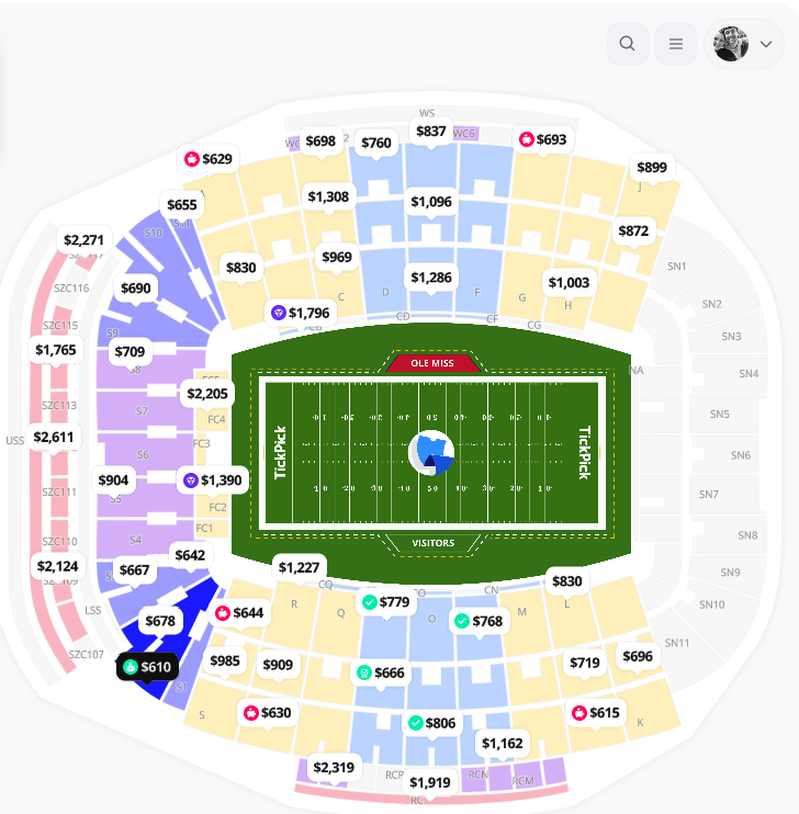 Kyle_Zorn's tweet photo. SEC Football Ticket Prices 

$11: Cost to attend #2 Georgia @ Arkansas  

$610: Cost to attend #7 LSU @ #8 Ole Miss 

(Tickets via @TickPick) https://t.co/ff8N1uDT74