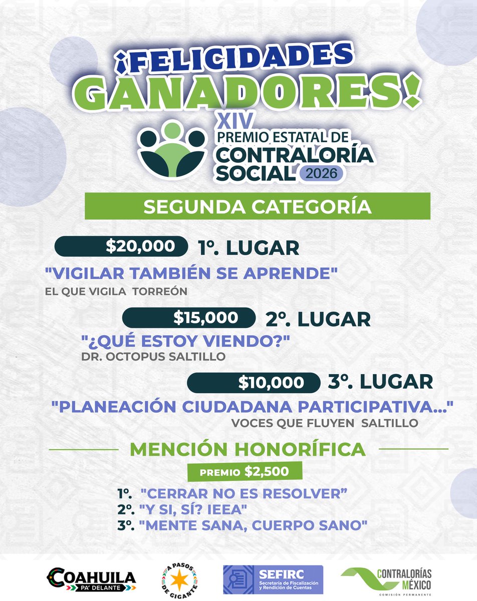 SEFIRC_COAH's tweet photo. 🎬🏆 #SEFIRC agradece la activa participación de jóvenes e integrantes de la sociedad civil en la XIV edición del Concurso Estatal Transparencia en Corto 2026 y del Premio Estatal de Contraloría Social 2026
¡Felicidades a los ganadores!
#CoahuilaPaDelante 
#APasosDeGigante https://t.co/Sfy7XTNQSP