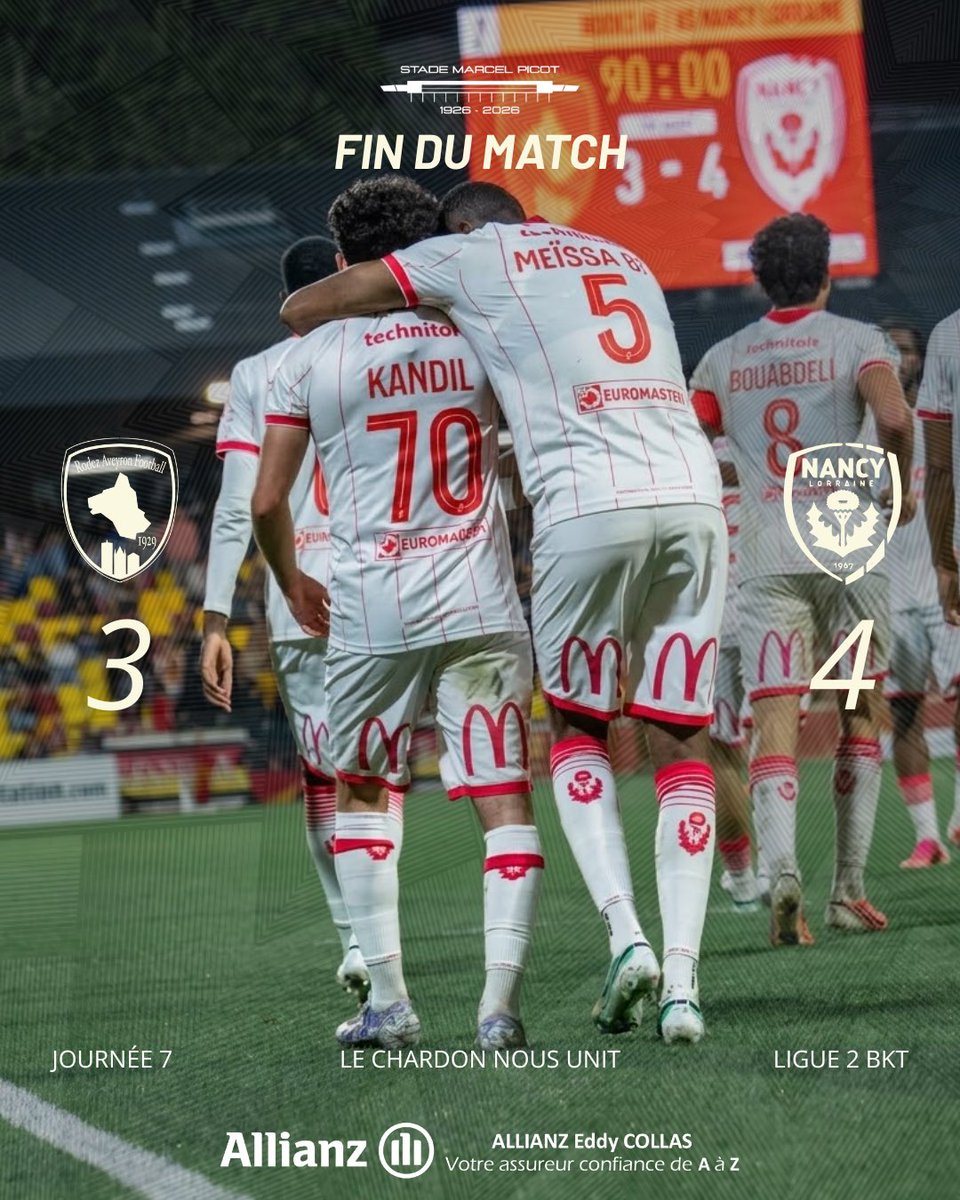 asnlofficiel's tweet photo. Dans un match complètement fou, nos Nancéiens renversent Rodez et prennent 3 points précieux avant la trêve 🤩🔴⚪️

Une vraie victoire en équipe 🤜🤛

Le score du match vous est présenté par Allianz Eddy COLLAS Nancy. ASNL et ALLIANZ, avec vous de A à Z.

RODEZ 3️⃣-4️⃣ NANCY 

⚽️ Housni 
⚽️⚽️ Meïssa Ba 
⚽️ Fernandez 

#RAFASNL #Ligue2BKT