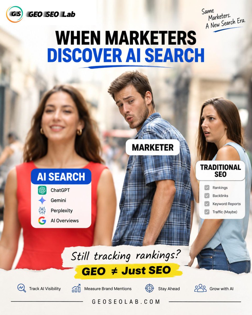 GEO_SEO_Lab's tweet photo. When marketers discover AI Search… everything changes.

GEO ≠ Just SEO

#GEO #AISEO #AISearch #SEO #ChatGPT #GoogleAI #Perplexity #Gemini #DigitalMarketing #SEOStrategy #AIVisibility #GEOSEOLab https://t.co/8BtLooef2A