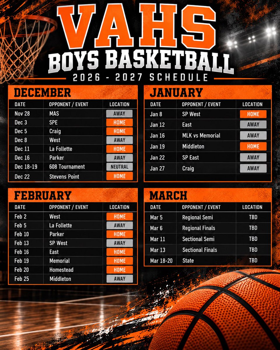 VeronaBoysBB's tweet photo. 2026-2027 Verona Boys Basketball Schedule 
Let’s go Cats!! 🐾 https://t.co/StaJZo63Ix