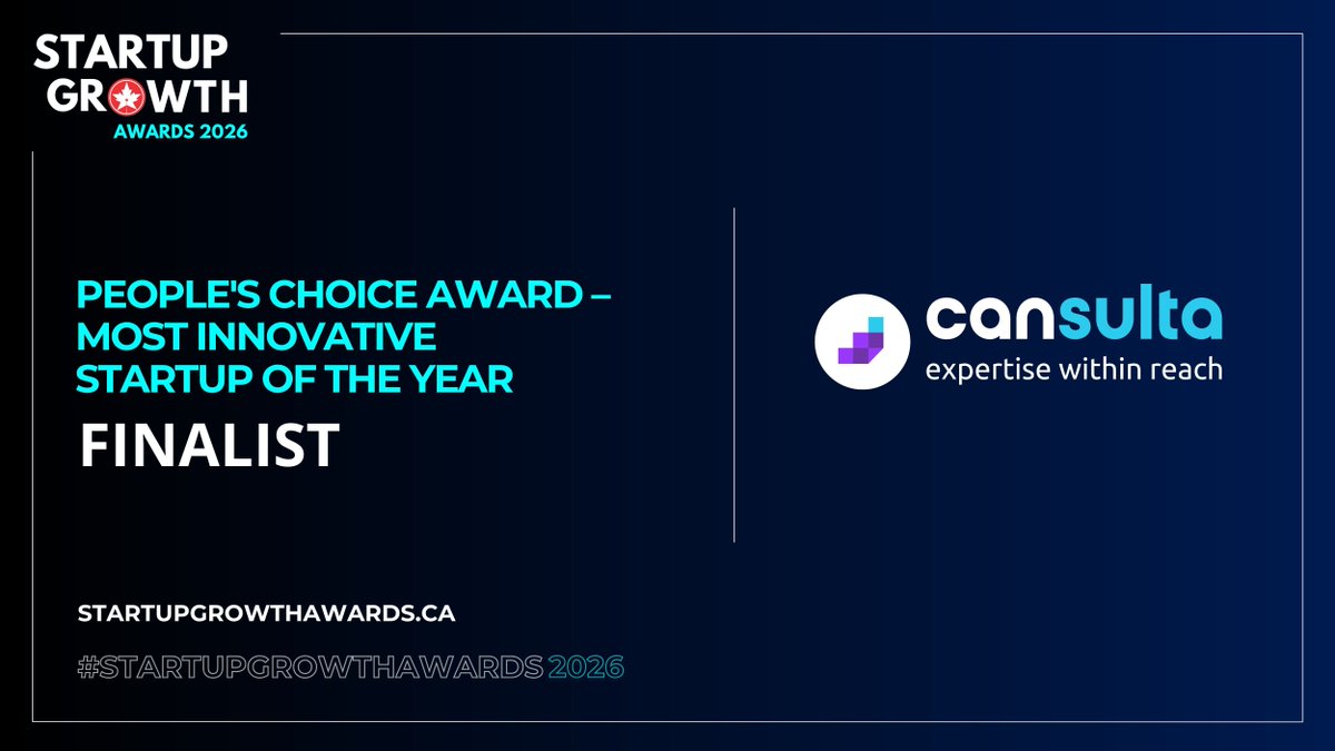 cansulta's tweet photo. Cansulta is a finalist for the People’s Choice Award (Most Innovative Startup) at the 2026 Startup Growth Awards! 🏆✨ 

Thanks to our 225+ experts, clients, partners and team for helping us make expertise more accessible. 💙🚀 @CSA_2025 @canadian_sme #Cansulta https://t.co/CHRPQldPoL