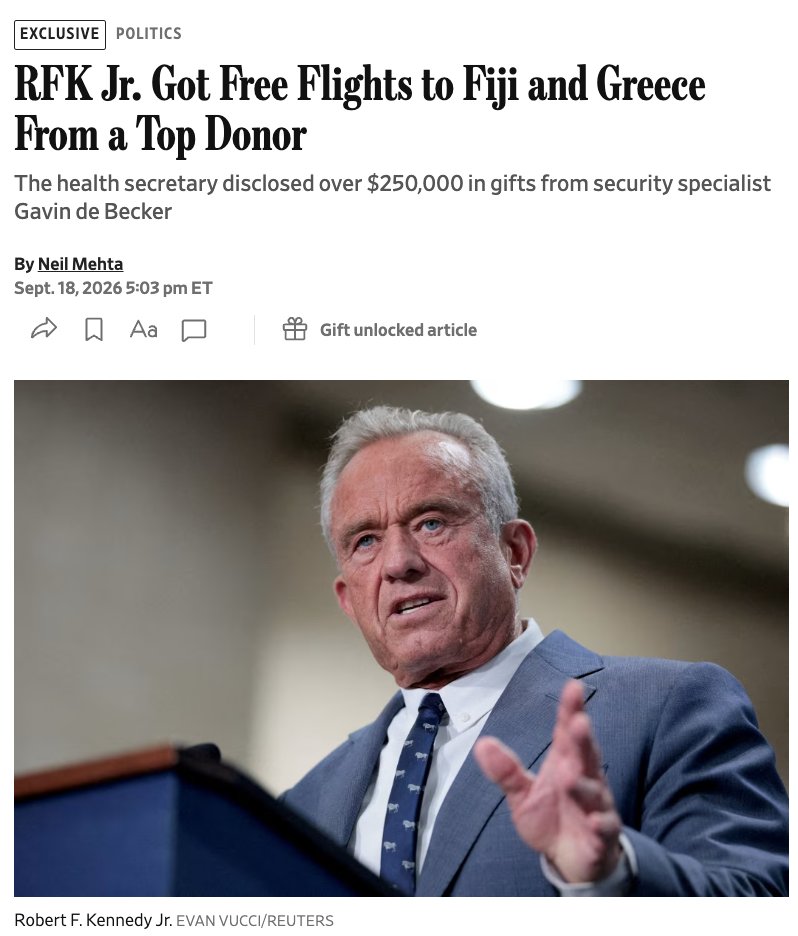 byneilmehta's tweet photo. SCOOP #1: Health Sec. Robert F. Kennedy Jr. got over $250,000 in free gifts from a top donor: flights to Greece and Fiji and stays in a vacation home... https://t.co/zhjqxnc1Cs