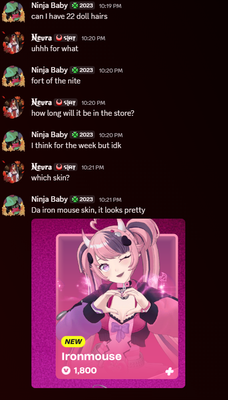 Nevralesca's tweet photo. My son has requested the skin for his birthday @ironmouse lol

(Side note: no, that's not his Discord name; it's an embarrassing nickname I gave him because his Discord name for me is Spawn Point...LOL) https://t.co/FyMGXsci5l