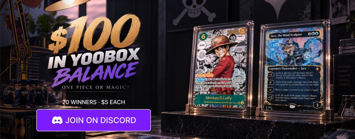YooBoxGG's tweet photo. 🎁 $100 IN YOOBOX BALANCE
20 winners · $5 each
#OnePiece or #MTG? Celebrate #YooBox 3.0 by sharing your next dream collectible.
Post a card image or name in general-chat on Discord and tell us why you want it. Once approved by a mod, you’ll receive Collector Pass and unlock giveaways. Head there and click to enter.
🕒 Sharing closes September 21 at 9 AM EDT. Giveaway entry closes at 11 AM EDT.
No purchase required. One entry per person. Winners are selected randomly.
Join through the link below 👇