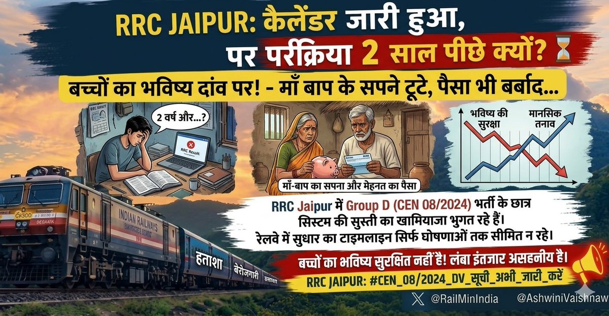 Mukesh56555717's tweet photo. 🚨 CEN 08/2024 | GROUP D (LEVEL-1)

All RRBs &amp; RRCs, please release the DV list/schedule FAST!
Candidates are waiting. 🙏

DV LIST JARI KRO! #CEN_08_2024_GROUD_FINAL_RESULT_DO
@AshwiniVaishnaw 
@RailMinIndia 
@DrmAjmer 
@RailwaySeva https://t.co/zZWwIbUEp4