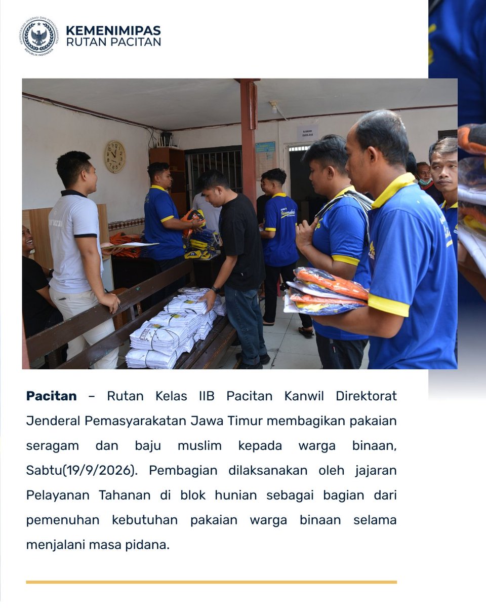 Rutan_Pacitan's tweet photo. Dukung Pembinaan Kepribadian, Rutan Pacitan Bagikan Pakaian bagi Warga Binaan https://t.co/Ww3UegqBIo