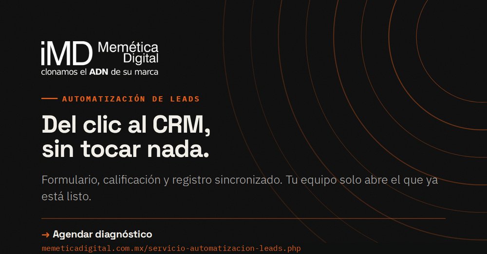 MemeticaDigital's tweet photo. El lead bien capturado va directo al CRM. Sin captura manual, sin errores, sin perder tiempo.
Agendar diagnostico:
#Leads #Automatizacion #CRM https://t.co/8V2LpJi1Rf