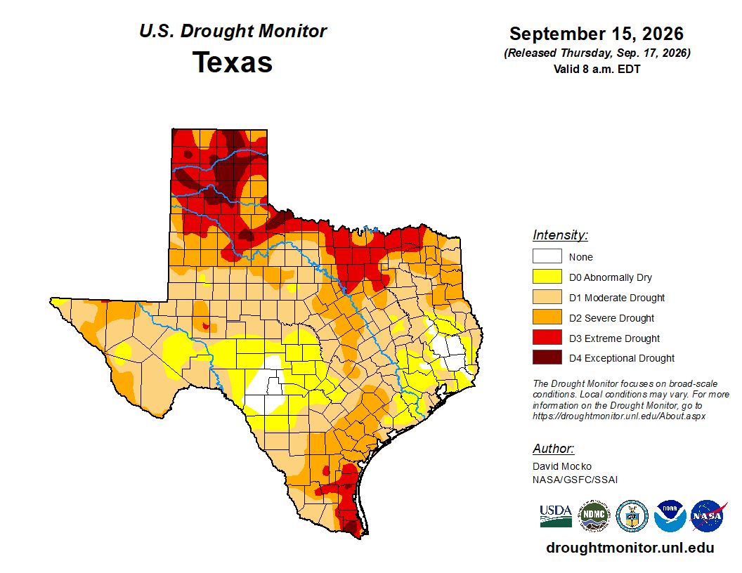 TxWRI's tweet photo. Drought conditions continue to worsen across Texas, per the U.S. Drought Monitor as of 9/17: https://t.co/TAbr1tm7kA 

-42.64% of Texas is in severe or worse drought
-17.97% in extreme or worse drought
-3.64% in exceptional drought https://t.co/XrCmfMuU2W